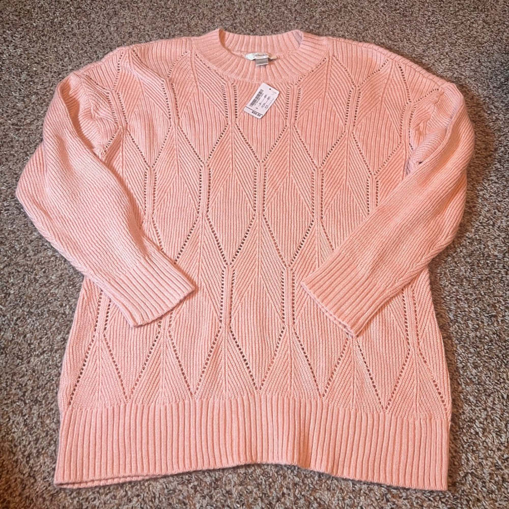CJ Banks Women's 1X Pink Knit‎ Sweater Tunic Long Sleeve Diamond Openwork New